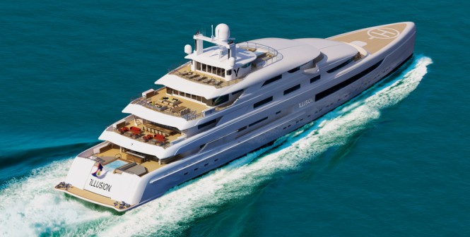 Rendering of the 88,8m superyacht Illusion under construction at Pride Mega Yachts Rendering of the 88,8m superyacht Illusion under construction at Pride Mega Yachts
