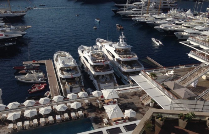 Three luxury superyachts by Sunseeker displayed at Monaco Yacht Show 2014