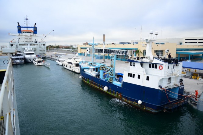 DYT Yacht Transport’s Yacht Express submerges in Port Everglades, Fla. to allow its cargo of yachts, including the 126-foot research vessel M/V OCEARCH (blue hull), to float on. OCEARCH is on its way to Brisbane, Australia. (photo credit Tom Serio Photography). DYT Yacht Transport’s Yacht Express submerges in Port Everglades, Fla. to allow its cargo of yachts, including the 126-foot research vessel M/V OCEARCH (blue hull), to float on. OCEARCH is on its way to Brisbane, Australia. (photo credit Tom Serio Photography).