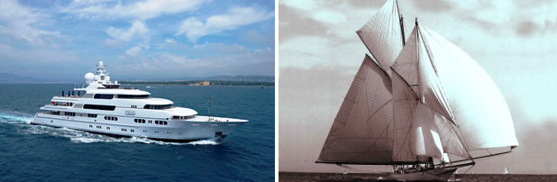 Instantly recognisable 72 metre motor yacht Titania and vintage schooner Sunshine Instantly recognisable 72 metre motor yacht Titania and vintage schooner Sunshine