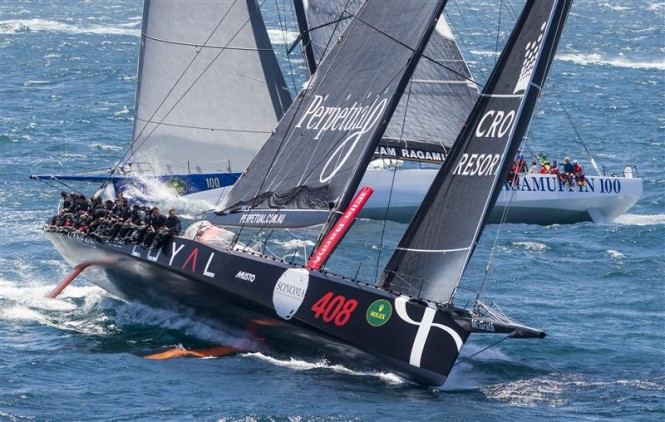 PERPETUAL LOYAL (AUS) leads RAGAMUFFIN 100 (AUS) as the 100ft Maxi battle begins - Photo by Rolex Carlo Borlenghi PERPETUAL LOYAL (AUS) leads RAGAMUFFIN 100 (AUS) as the 100ft Maxi battle begins - Photo by Rolex Carlo Borlenghi
