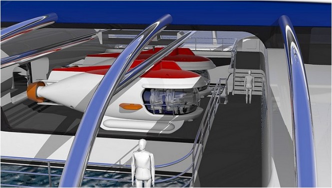 Subsee superyacht concept - Main deck with subs Subsee superyacht concept - Main deck with subs