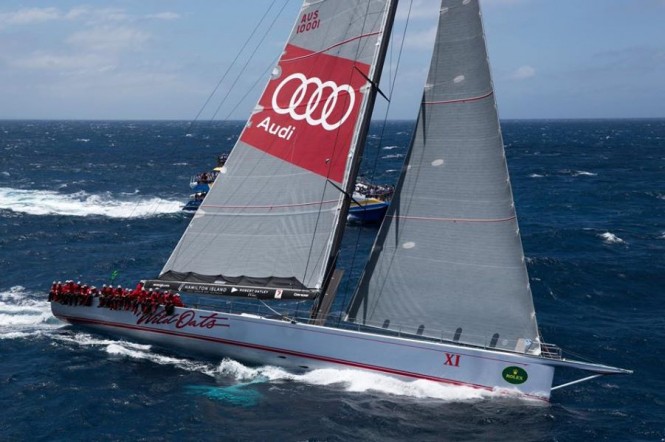 Supermaxi yacht Wild Oats XI at the start of the 70th Anniversary Rolex Sydney Hobart Yacht Race