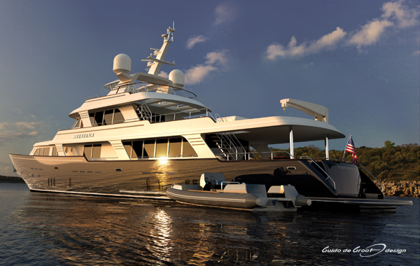Rendering of luxury super yacht SYLVIANA after refit - aft view Rendering of luxury super yacht SYLVIANA after refit - aft view