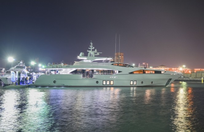 Night shot of motor yacht Majesty 122 at the Kuwait Yacht Show 2015 Night shot of motor yacht Majesty 122 at the Kuwait Yacht Show 2015