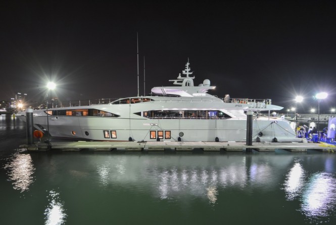 Night shot of the Majesty 122 Yacht at the Kuwait Yacht Show Night shot of the Majesty 122 Yacht at the Kuwait Yacht Show