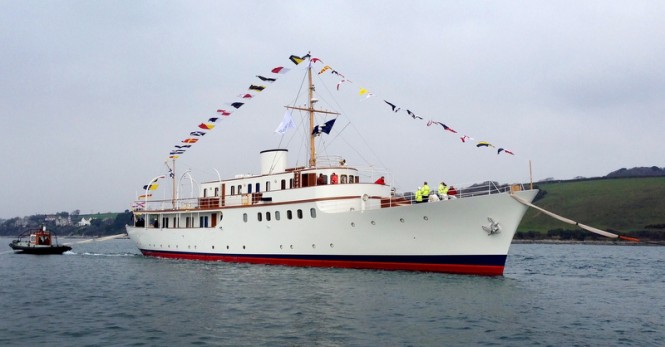 Re-launch of 50m classic motor yacht MALAHNE at Pendennis Shipyard