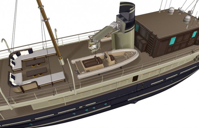 Rendering of the funnelcrane operation aboard Taransay Yacht