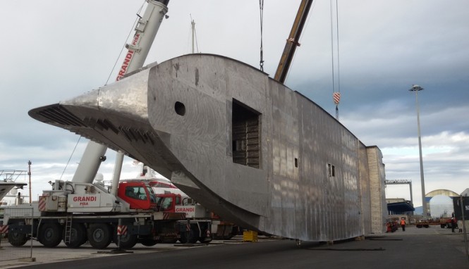 Hull of New 47m Rossinavi Superyacht LONGITUDE 47 turned