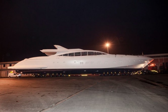 Overmarine moves NEW 11th Mangusta 165 Superyacht into outfitting hall for completion