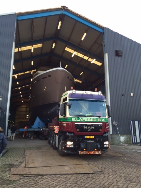 NEW 24m Drettmann Explorer Yacht (DEY) leaves her shed at Acico Yachts