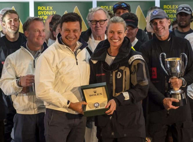 Kirsty Hinze-Clark, co-owner of Comanche with Rolex Yacht-Master II for Line Honours Win - Photo by Rolex Kurt Arrigo