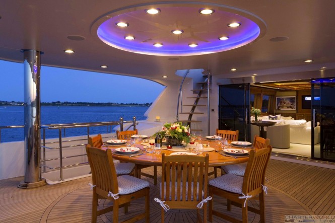 Luxury yacht FAR FROM IT - alfresco dining on the skydeck