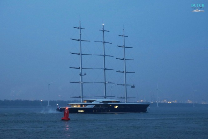 Oceanco’s 106m: 347.77ft Y712 while heading to the North Sea for her third day of sea trials. Photo- ©Dutch Yachting