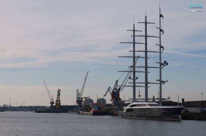 Oceanco’s Y712 left the shipyard in Alblasserdam early this morning. The 106m: 347.77ft Nuvolari Lenard designed yacht is currently moored in Rotterdam’s Merwehaven Photos- ©Dutch Yachting