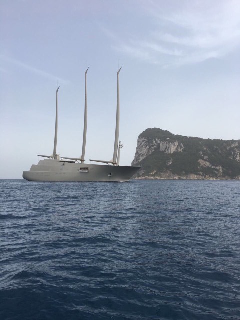 Sailing Yacht A arriving in Capri. Photo by Andrea Salvia, Company By Tourist