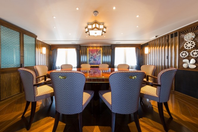 Luxury yacht MALAHNE - Formal dining room. Photo credit Jeff Brown