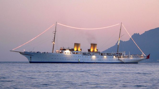 Classic motor yacht Savarona in the Mediterranean
