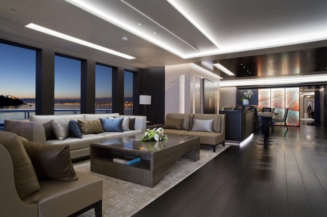 Superyacht MOGAMBO - Main salon and formal dining area. Photo credit: Bruce Thomas