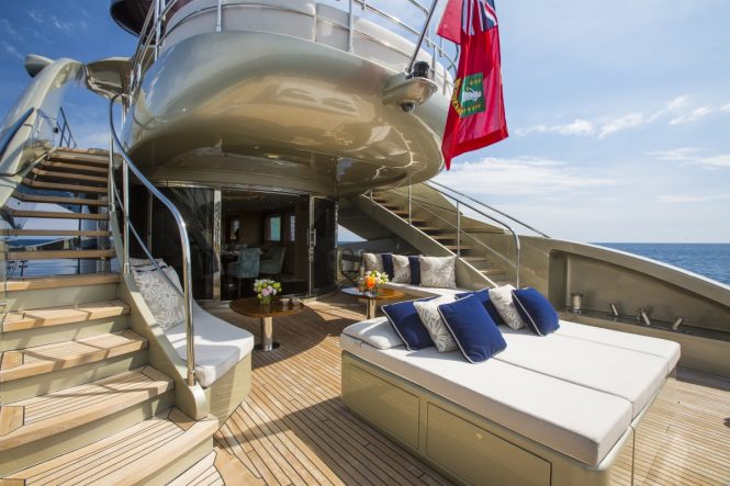 Main aft deck lounging and alfresco dining aboard luxury yacht MIDNIGHT SUN