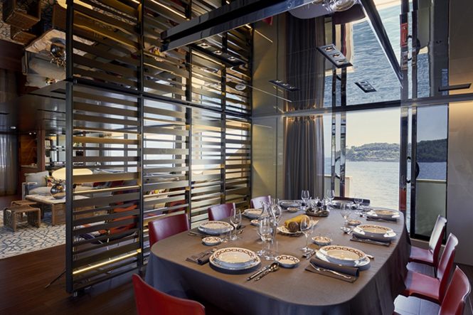 Superyacht TAKARA - Formal dining area in the open plan main salon