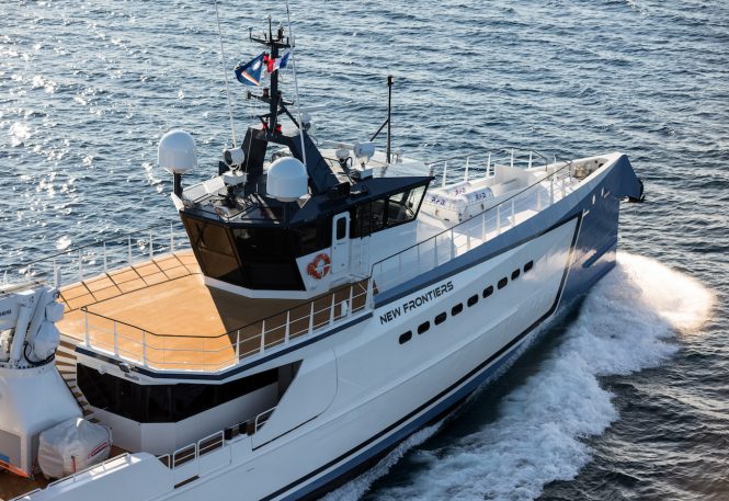 NEW FRONTIERS luxury yacht support vessel by DAMEN - aerial close up