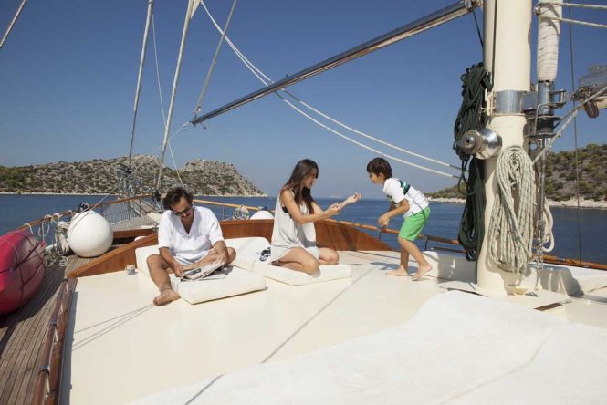 Relaxing aboard the traditionally-styled gulet