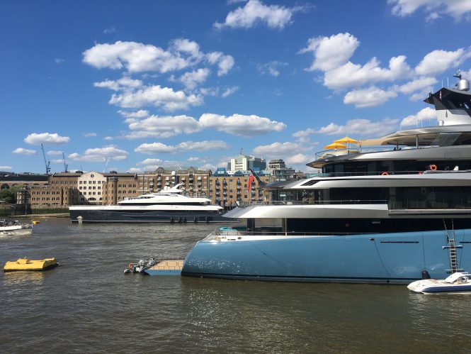 Abeking & Rasmussen superyachts Aviva and Elandess attract attention outside Tower Bridge
