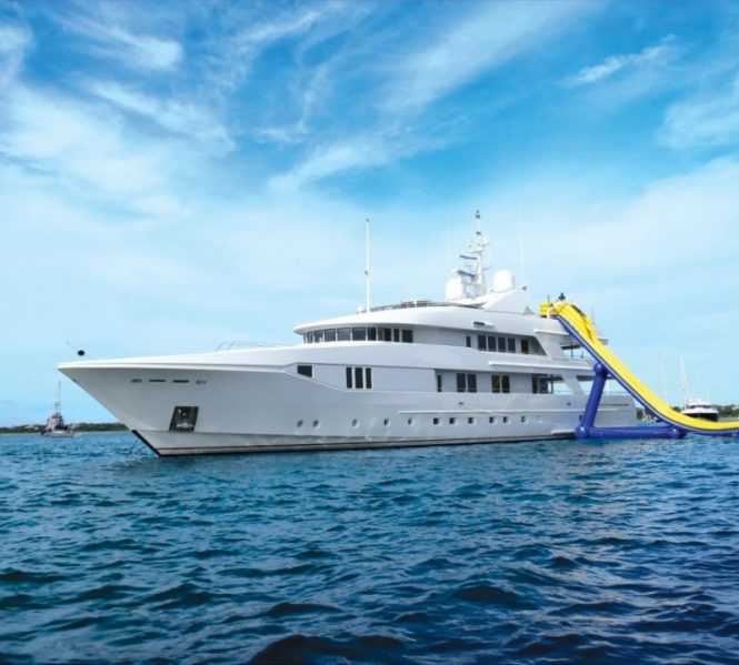 Motor yacht RHINO sporting a fantastic water slide