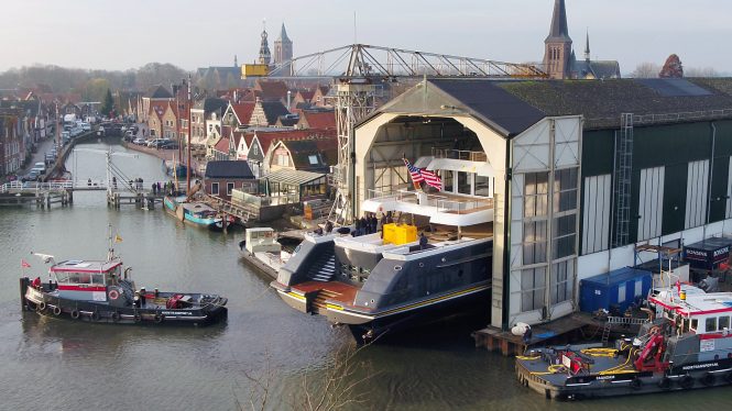 Motor yacht SCOUT about to hit water at Hakvoort Shipyard