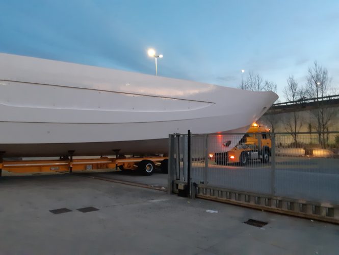 Luxury yacht AMER CENTO being transported