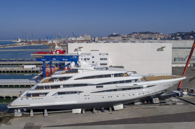79-metre motor yacht CRN 135 moves onto slipway for launch