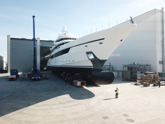 80m Columbus Classic luxury superyacht DRAGON leaves shed at Palumbo Superyachts
