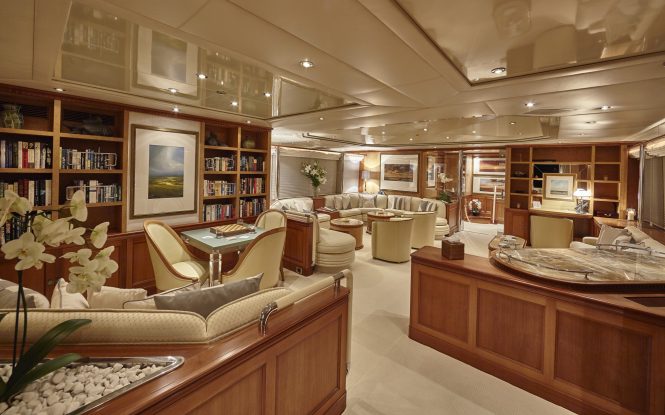 Elegant saloon with seating and a bar area