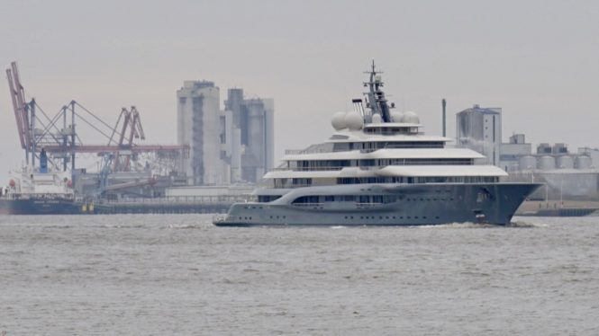 Impressive 136m mega yacht FLYING FOX leaving Lurssen following her delivery to the Owner