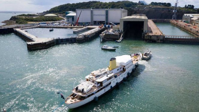 Classic motor yacht Marala arrives at Pendennis for extensive restoration