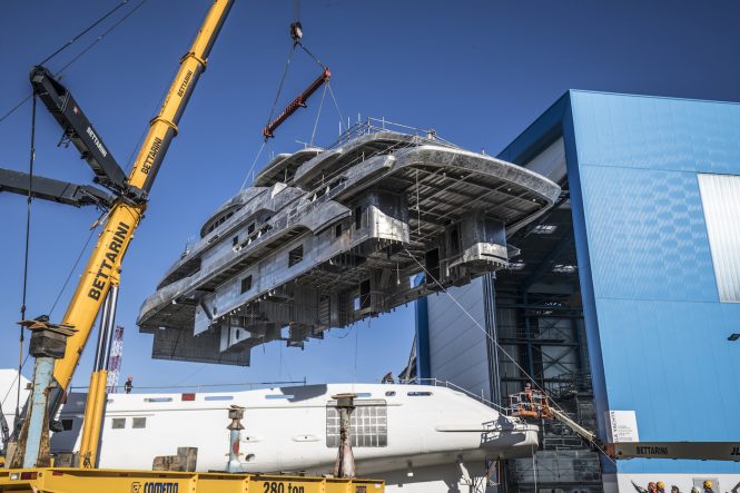 65-metre custom Benetti yacht FB274 hull and superstructure joined