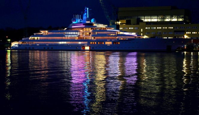 Brand new video of 130m+ mega yacht PROJECT LIGHTNING at night