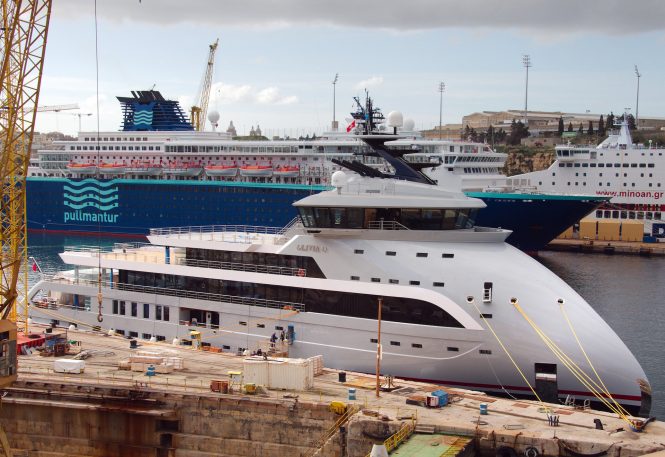 89m Explorer Yacht OLIVIA O hits water at Palumbo Shipyard