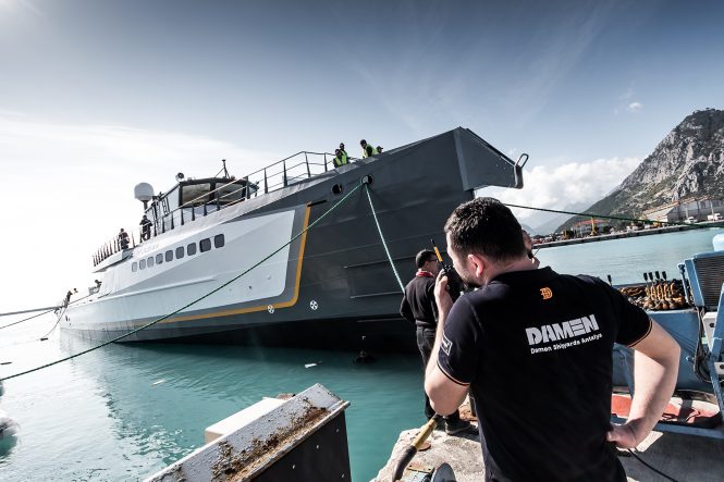 55m Yacht Support Vessel BLUE OCEAN hits water at Damen