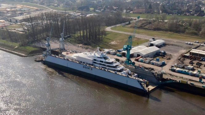 Photos & Video: 104m mega yacht QUANTUM BLUE at Lurssen for servicing or refit