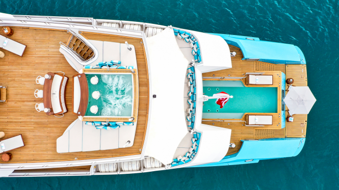 72m Charter yacht Axioma: striking turquoise hull, swimming pool and luxury lifestyle