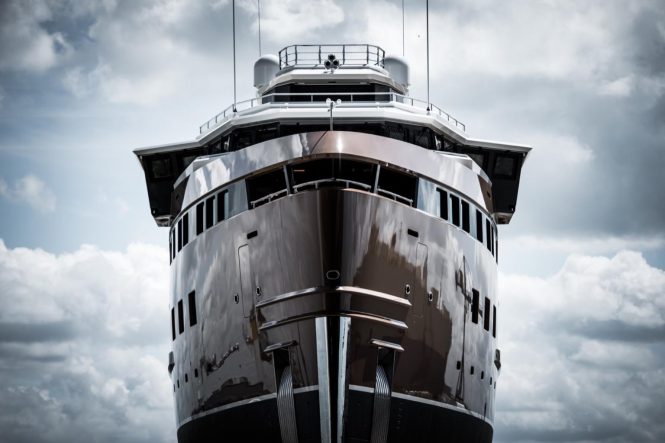 77-metre explorer charter yacht La Datcha prepares for launch
