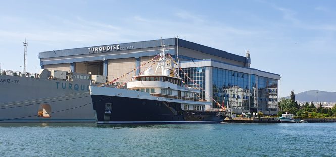 Explorer yacht Blue II leaves Turquoise Yachts shipyard on maiden voyage