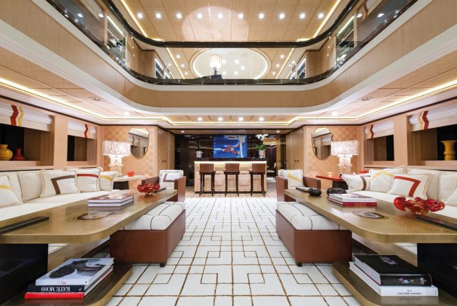 Saloon with seating and bar