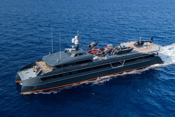 68m luxury support catamaran yacht WAYFINDER hits water