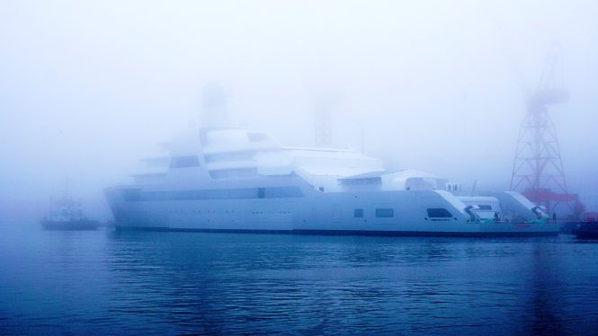 140m SOLARIS yacht launched on a very foggy day