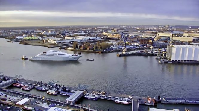 287m Dock 10 and luxury yacht Project Opera arrive at Lürssen Bremen shipyard
