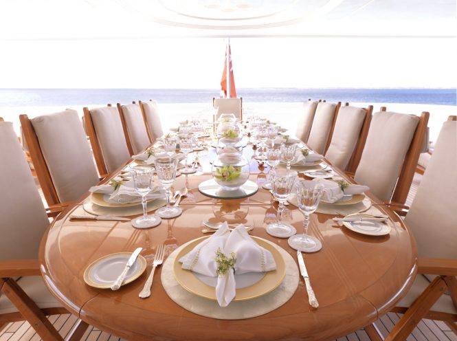 Luxurious dining set up aboard APOGEE available in the Caribbean and Mediterranean