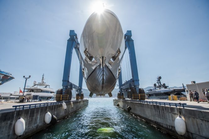LION about to hit water - superyacht LION